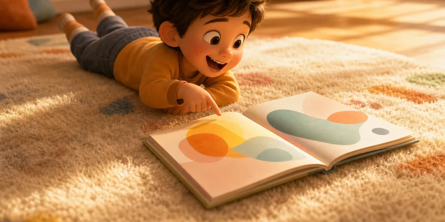 A four-year-old lying on their stomach on a rug with a picture book propped open in front of them, mid-laugh, one hand raised to point at the page