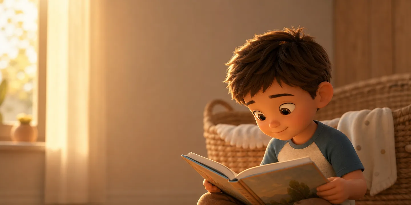 A young boy in a blue and cream t-shirt holding an open picture book and reading it to himself, with a woven moses basket and a white blanket behind him in warm late-afternoon light