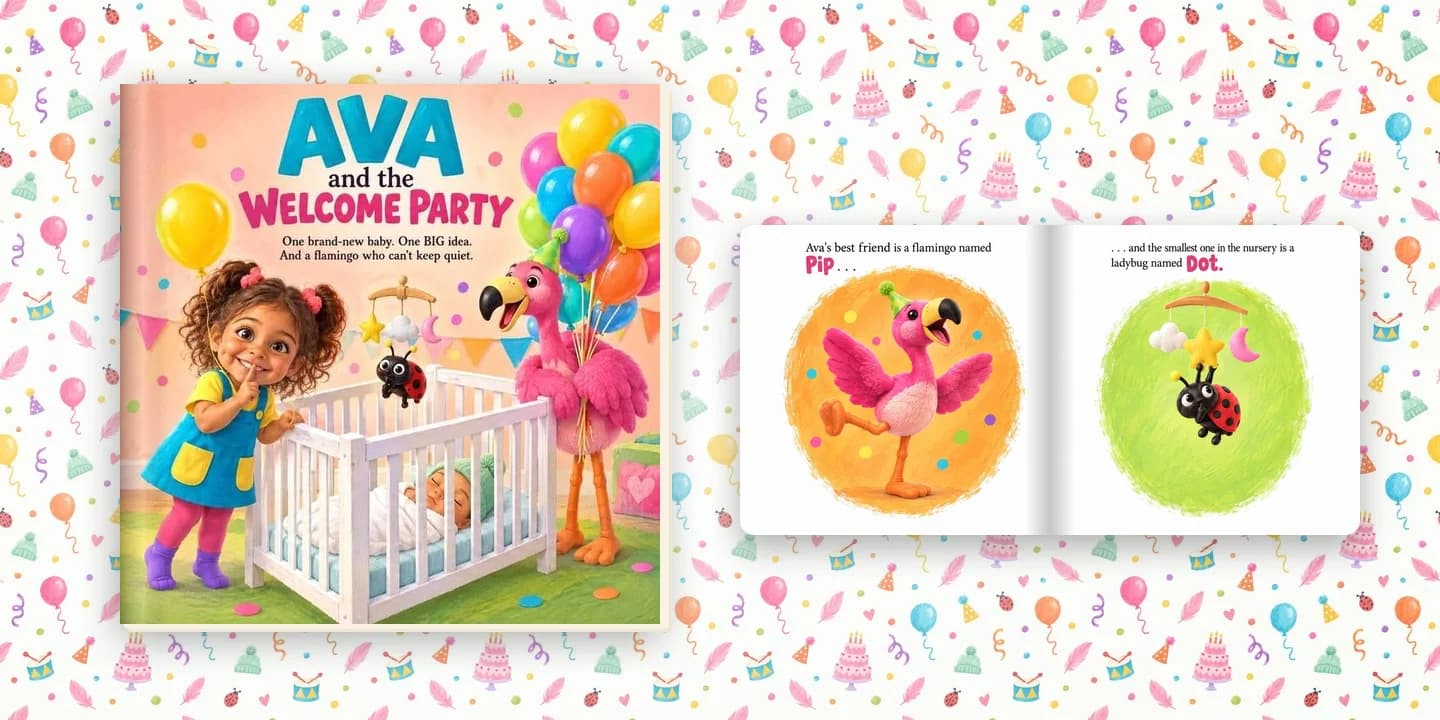 The cover of The Welcome Party, a personalized big sister book, beside an open page of a girl, a pink flamingo and a ladybug welcoming a new baby