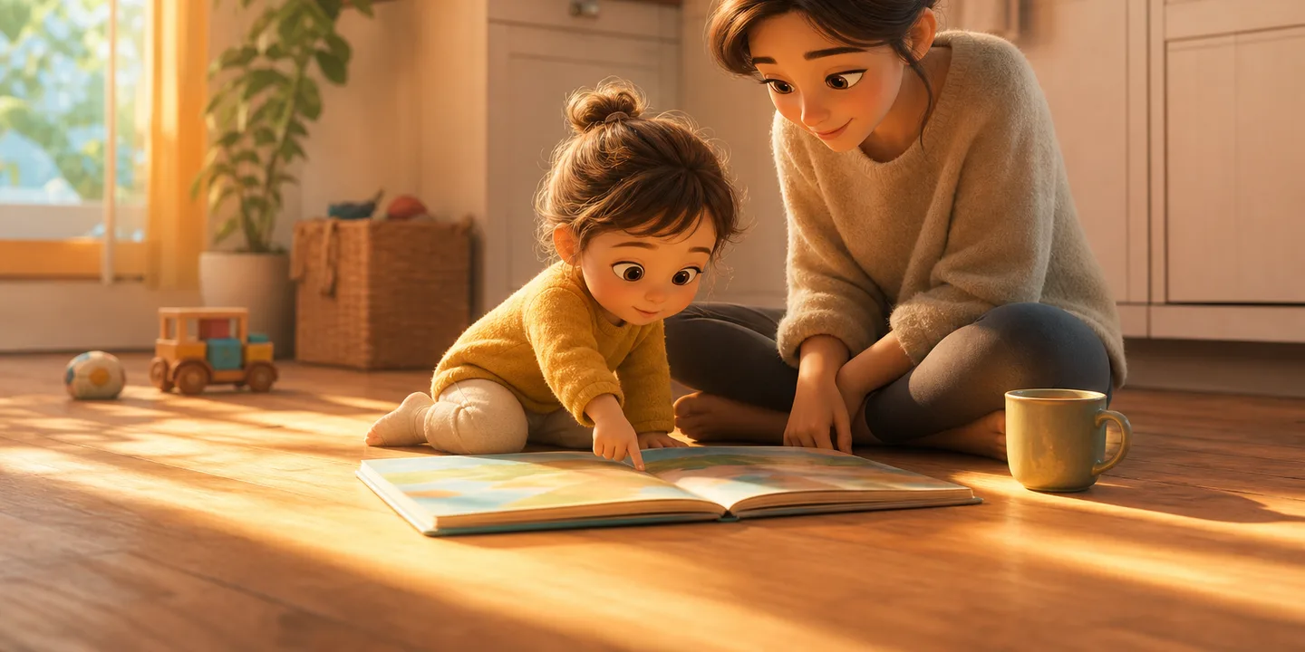 A parent and a toddler sitting together on a sunlit kitchen floor the morning after a hard day, a picture book open between them, the child calm and pointing at a page