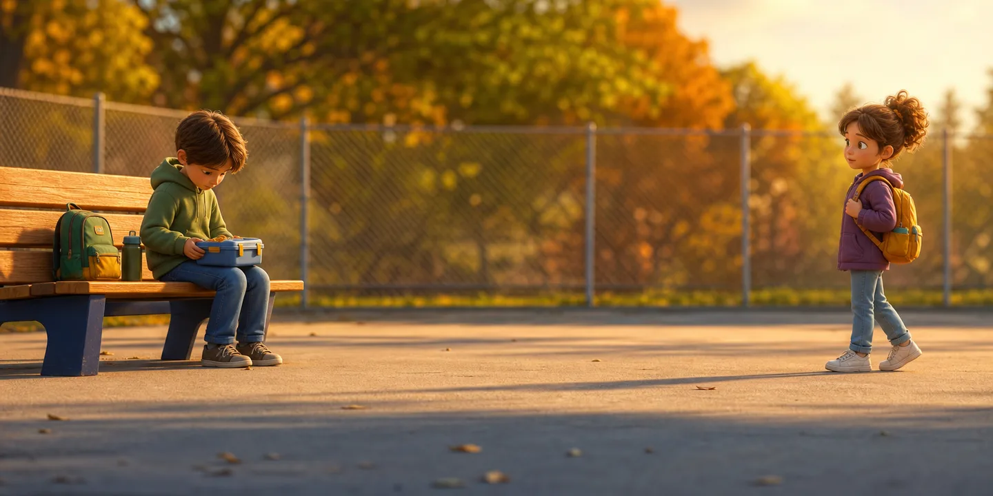 A child sitting alone at one end of a playground bench with a lunchbox on their knees, while another child stops halfway across the yard and turns towards them