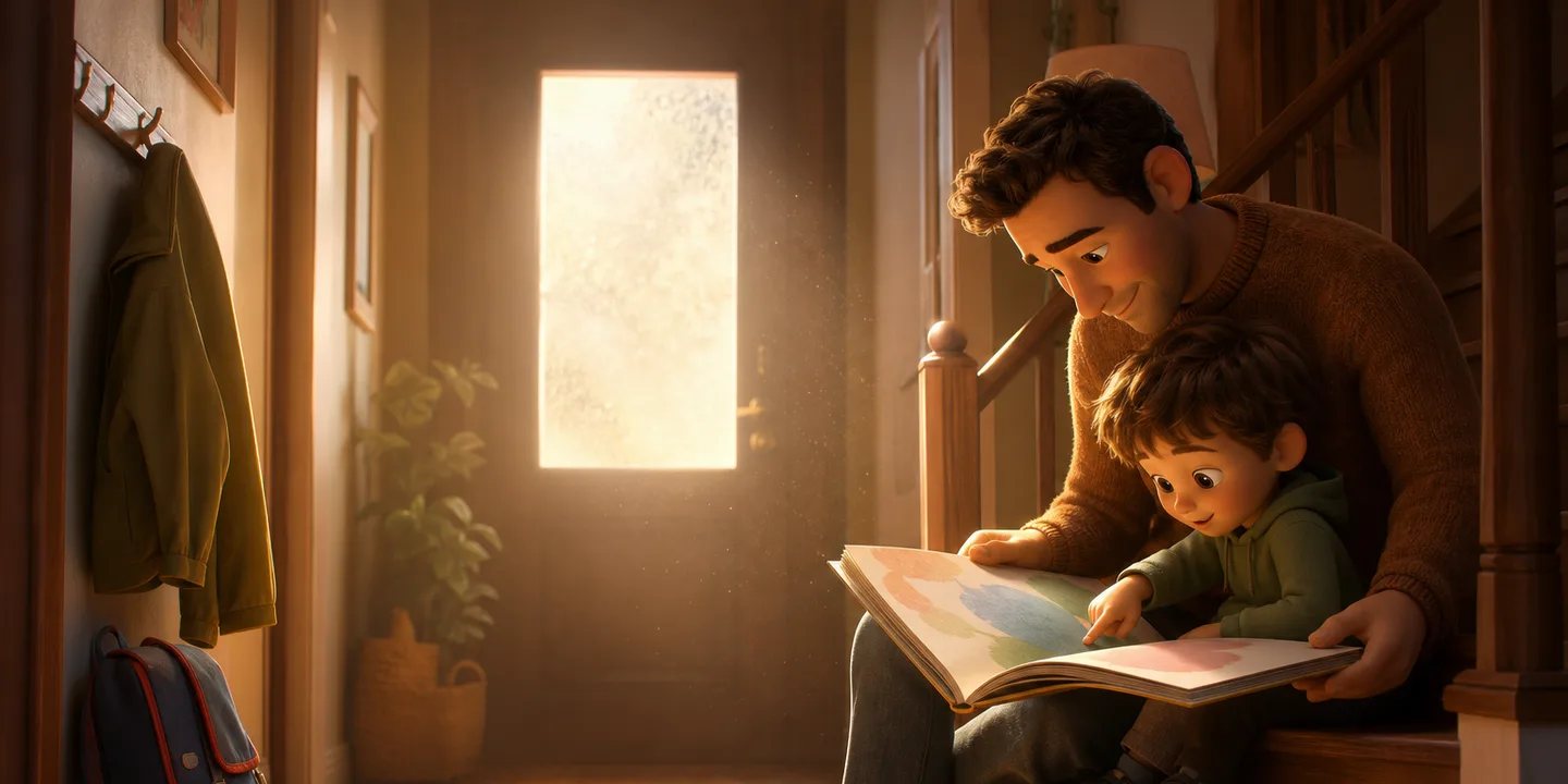 A small backpack and a pair of shoes waiting by a front door in early morning light, with a parent and a young child sitting together on the bottom stair, an open picture book across both their laps