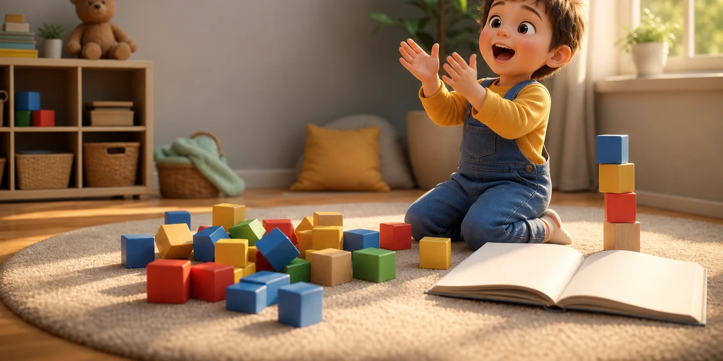 A small child kneeling on a rug, clapping and mid-chant, with brightly coloured wooden blocks tumbled into a heap in front of them and an open picture book on the floor