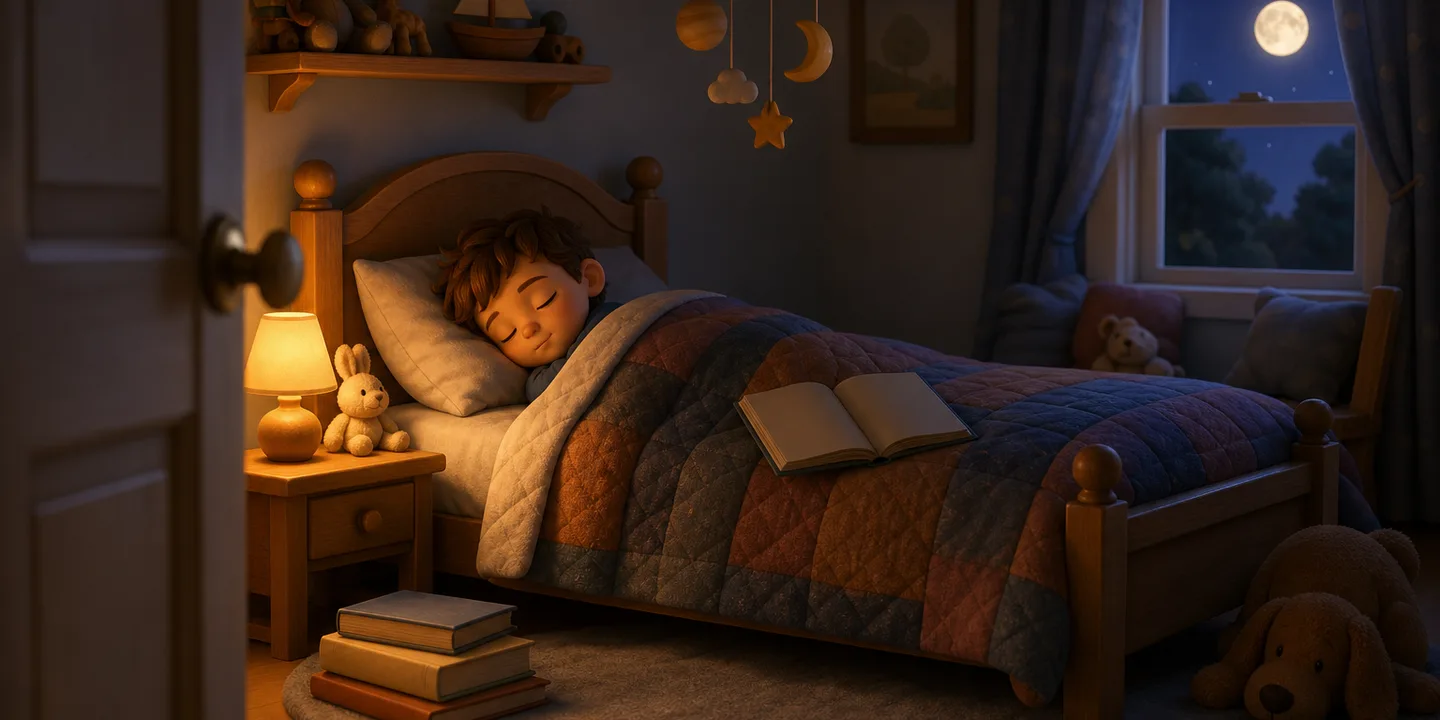 A dim child's bedroom seen from the doorway at bedtime — a small lamp, a low moon in the window, and a child under a quilt with an open picture book resting on the blanket