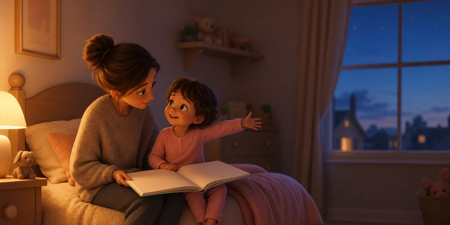 A parent and a small child sitting close together on a bed at dusk with an open picture book between them, one small hand stretched as wide as it will go
