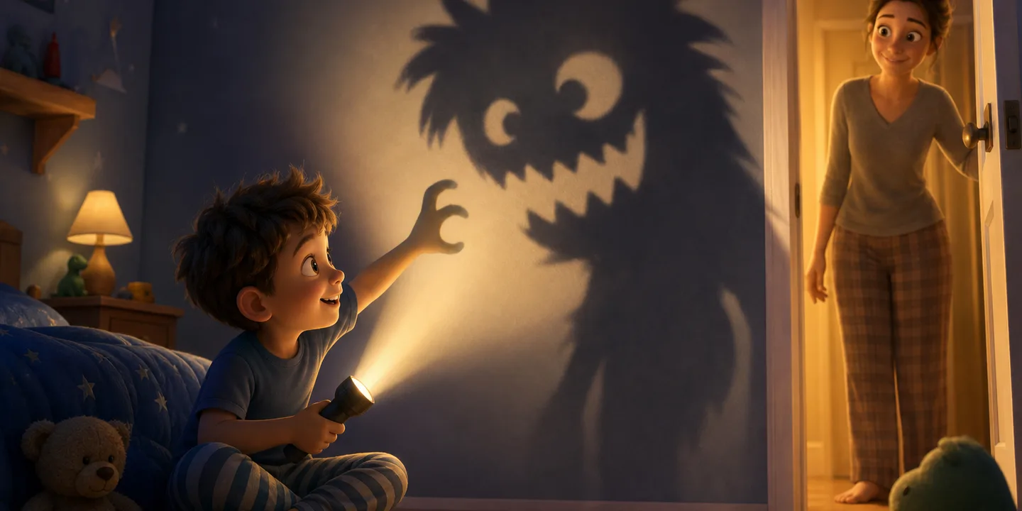 A child on a bedroom floor at night with an open picture book and a torch, casting a big shadow monster onto the wall with their hands while a parent watches from the doorway