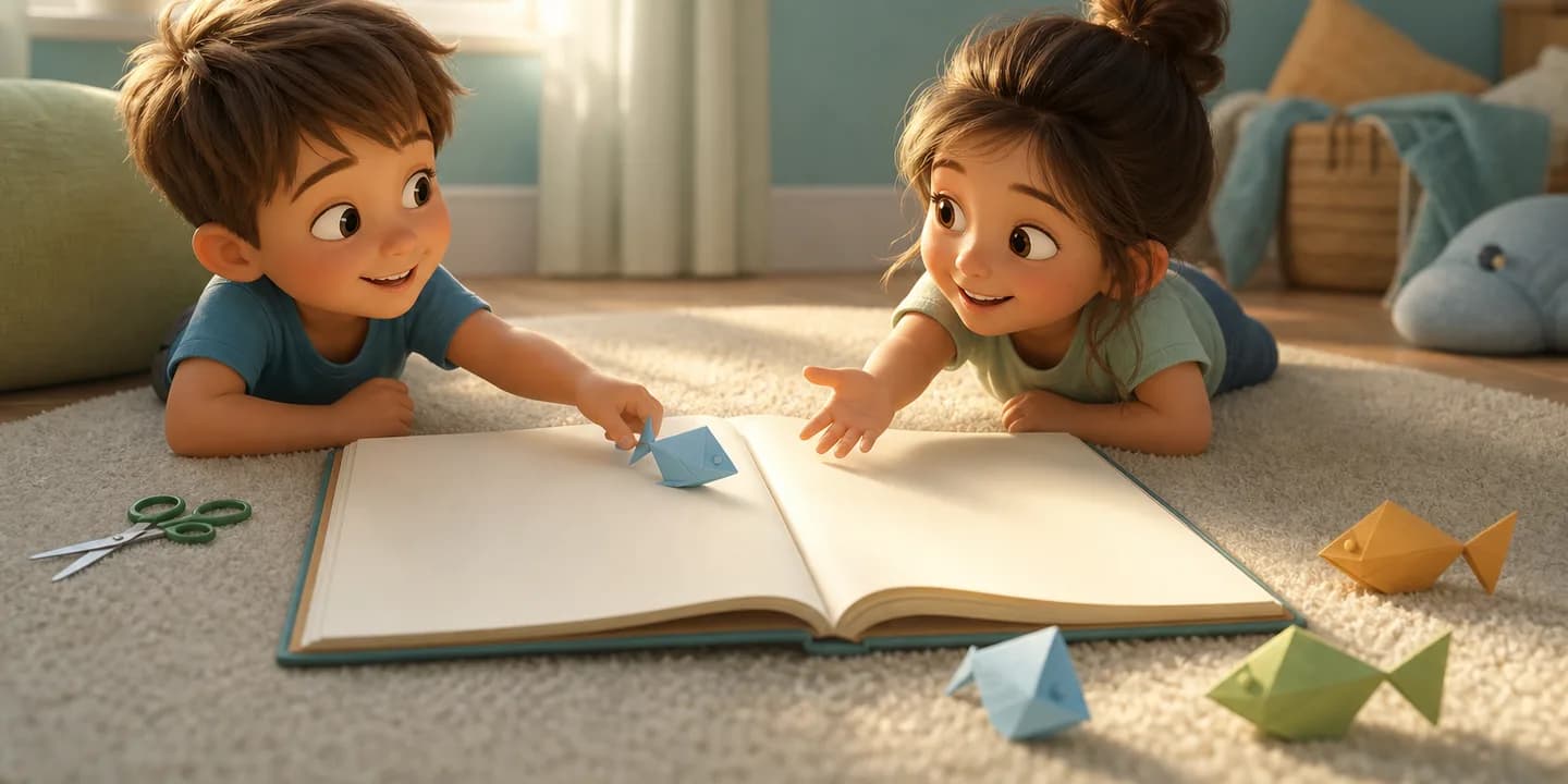 Two children lying on their fronts on a rug with a picture book open between them, one pushing a small paper fish across the page toward the other