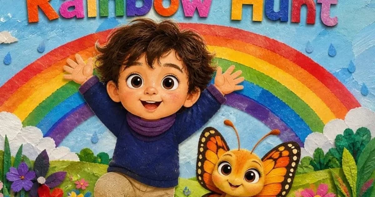 A paper-collage book cover of a small child cheering under a rainbow, surrounded by cut-paper flowers and a friendly butterfly