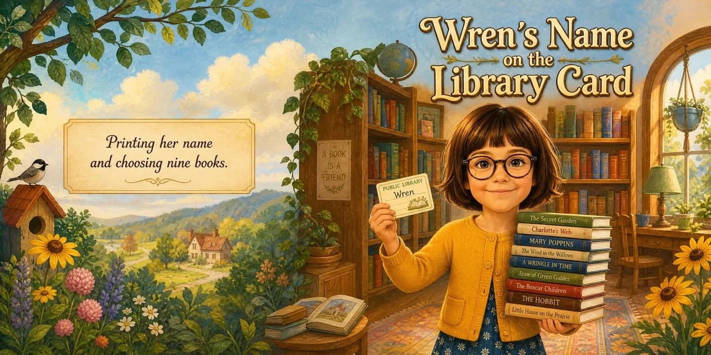 A girl in round glasses and a mustard cardigan holding a library card beside a stack of nine classic books, on the cover of a personalised storybook