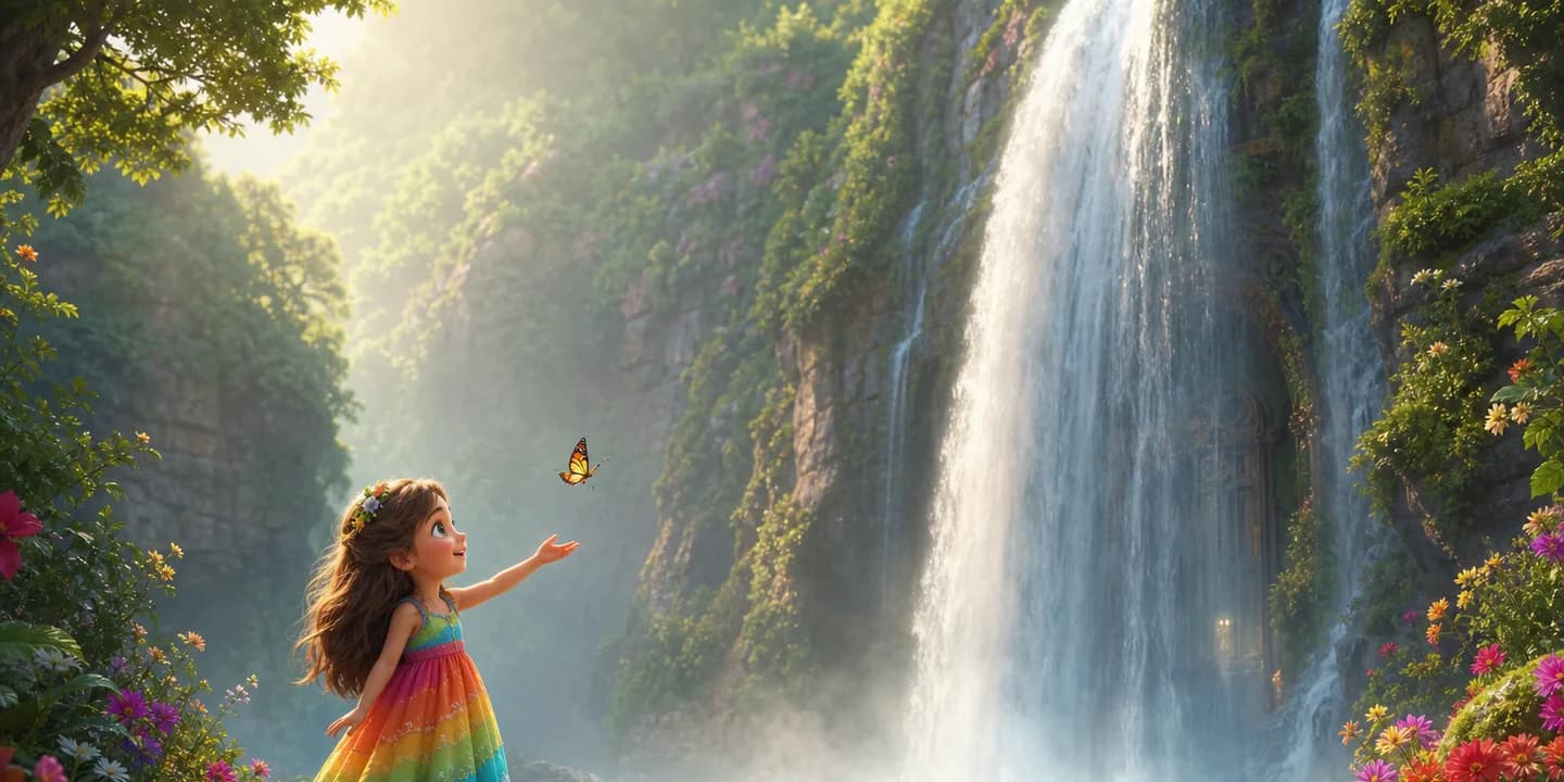 A small girl in a bright rainbow dress reaching toward a waterfall with a butterfly on her hand, on the cover of a personalized picture book painted in classic storybook style