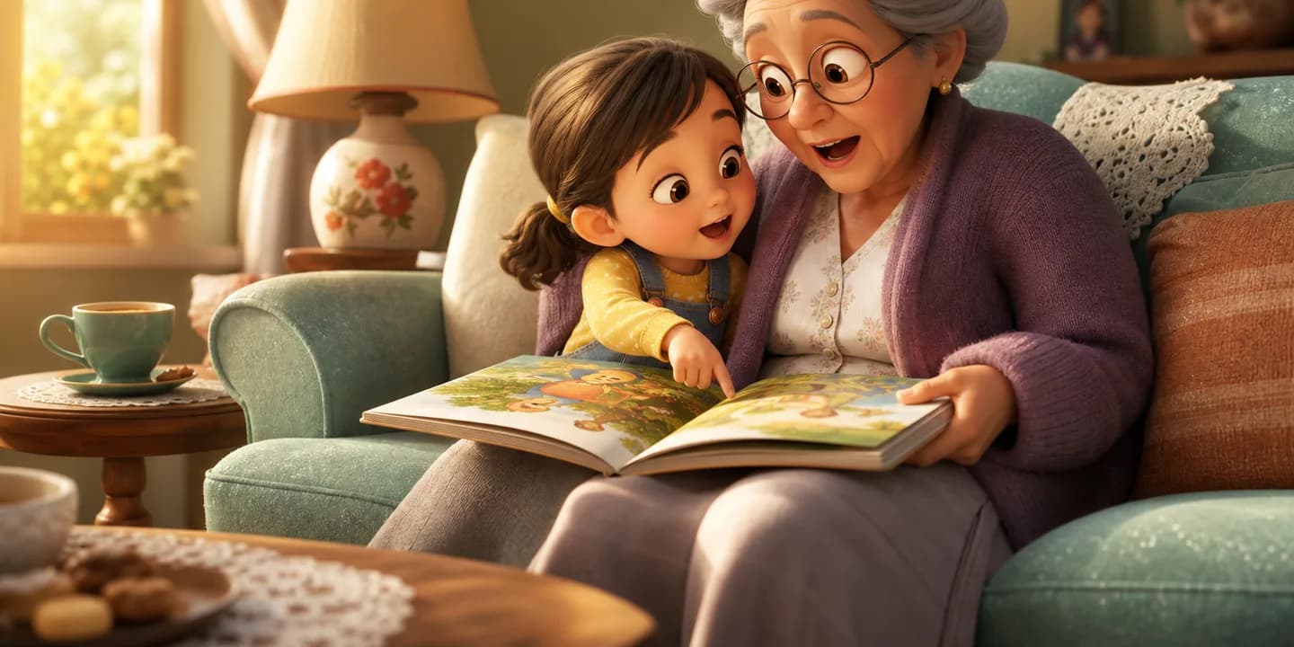 A grandmother and a small child on a sofa reading a picture book together, the child pointing at the page and talking