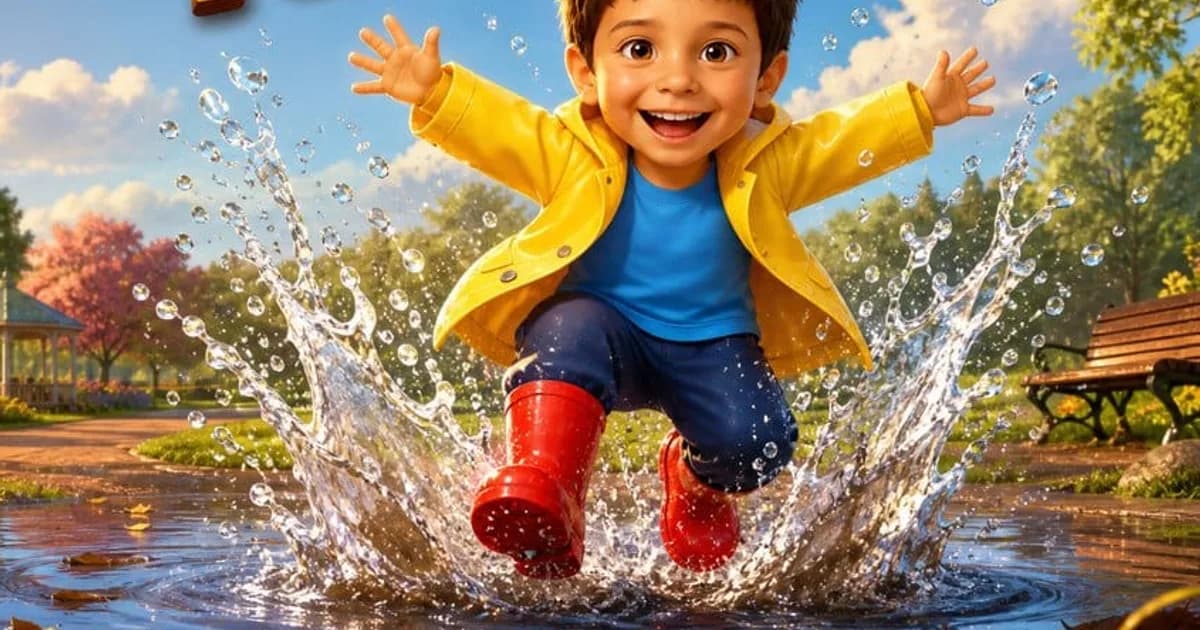 A grinning boy in a yellow raincoat and red rubber boots leaping into a huge puddle, water flying everywhere, on the cover of a personalized children's book