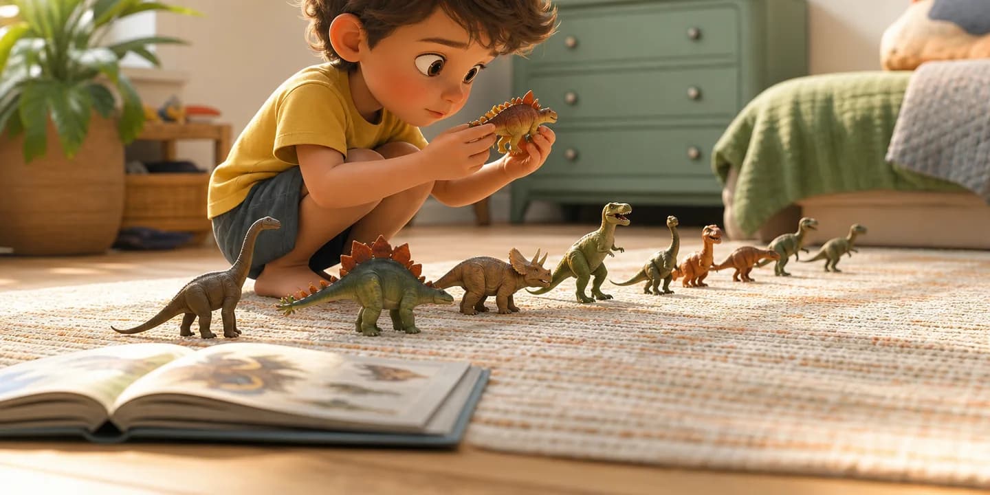 A child crouched on a rug surrounded by plastic dinosaurs arranged in a careful line, holding one up to look at closely