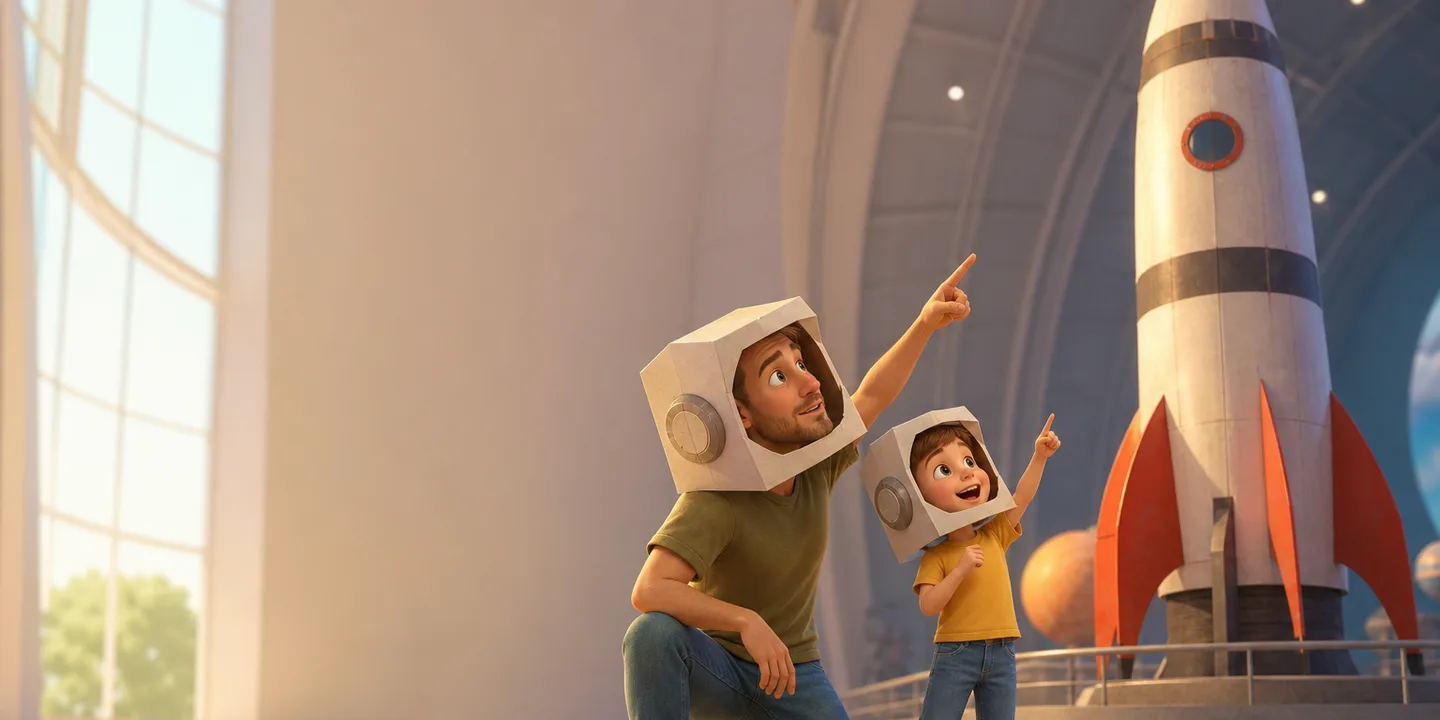 A father and his five-year-old son in matching paper astronaut helmets pointing at a rocket in a museum hall, on the cover of a personalized picture book