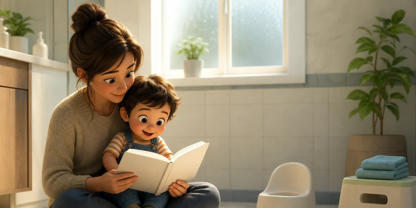 A parent sitting on a bright bathroom floor with a toddler on their lap, both looking at an open board book, a small empty potty and a step stool on the tiles beside them