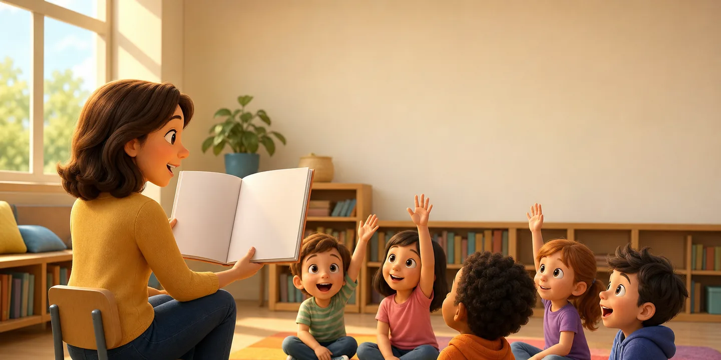 A teacher sitting on a low chair holding an open picture book turned outward, with a semicircle of five-year-olds on a carpet in front, several with hands up and mouths open mid-answer