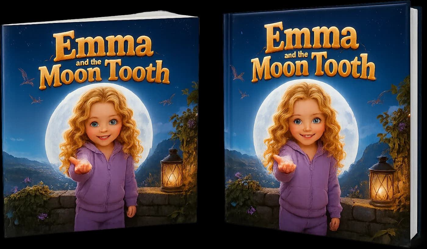 The same KindFable book in both bindings, side by side: the flexible softcover edition on the left and the rigid casewrap hardcover on the right, both carrying the Emma and the Moon Tooth cover