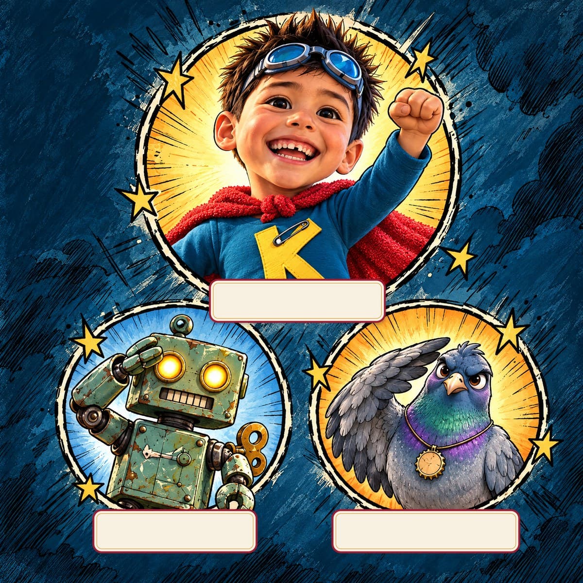The cast of Captain Your Child Saves the Day: Kai, Bolt, Sergeant Pidge
