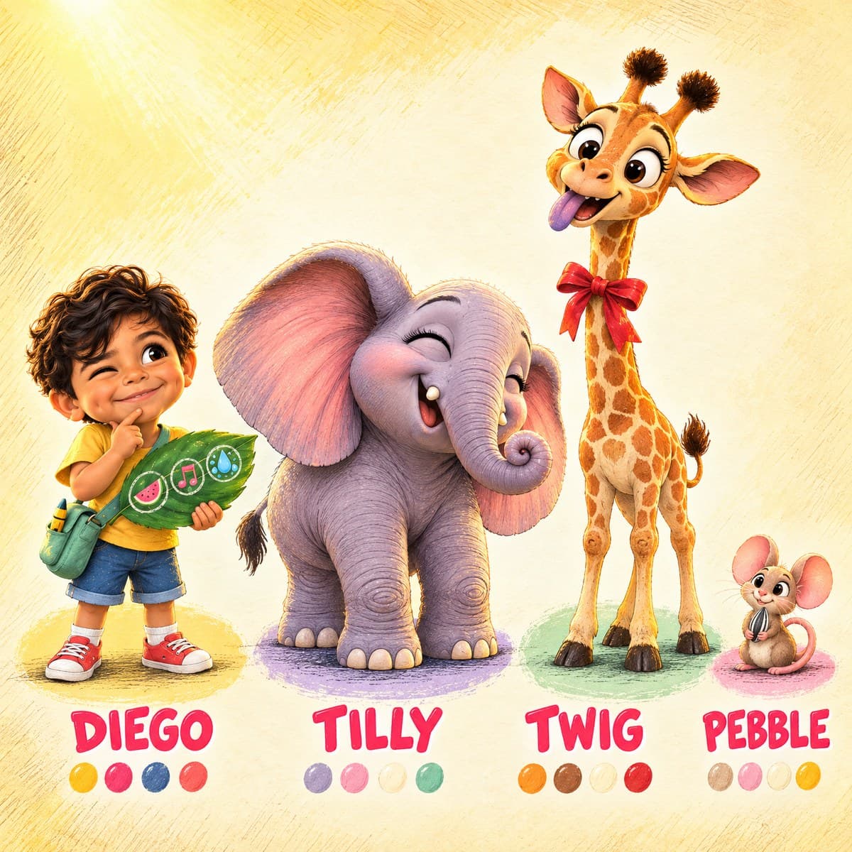 The cast of Your Child's Trunk-Day Surprise: Diego, Tilly, Twig, Pebble