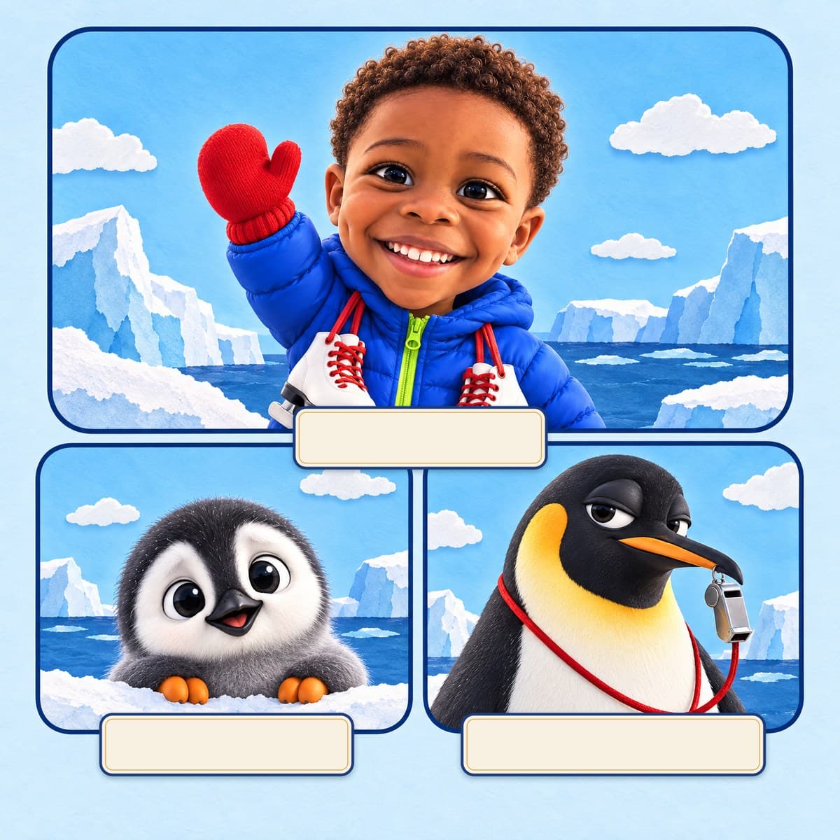 The cast of Your Child and the Penguin Who Couldn't Slide: Eli, Pebble, Gus