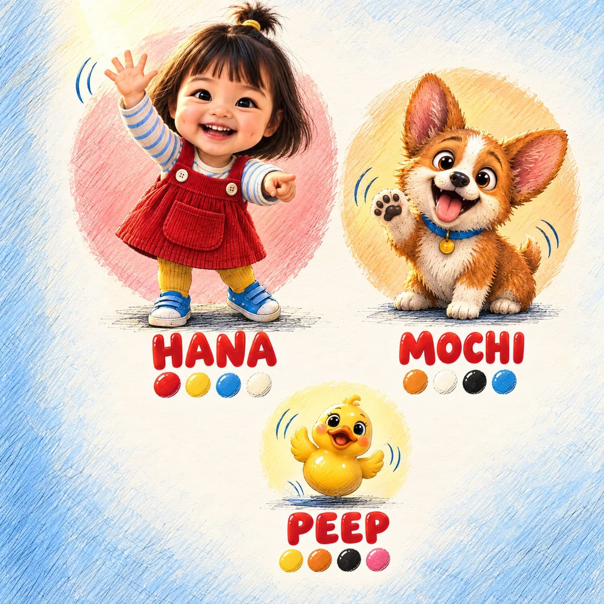 The cast of Your Child Says Hi to Everything!: Hana, Mochi, Peep