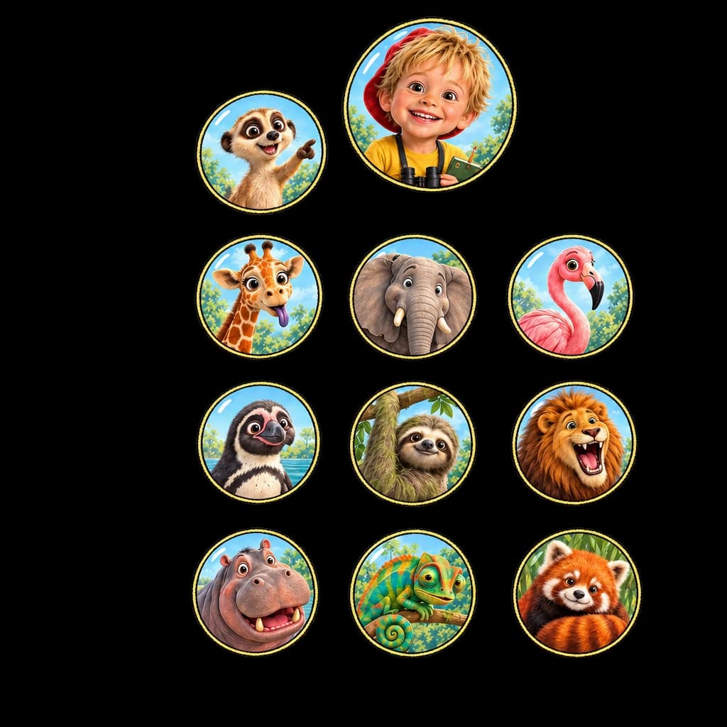 The cast of Your Child's Wild Zoo Day: Henry, Dash, Tallulah, Baobab, Rosie, Pebble, Moss, King, Bubbles, Zigzag, Rusty