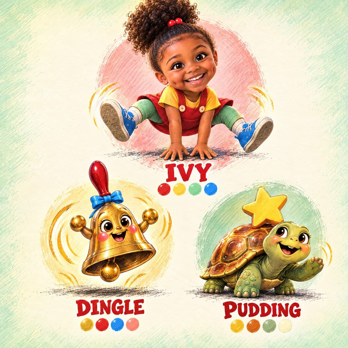 The cast of Hop to It, Your Child!: Ivy, Dingle, Pudding