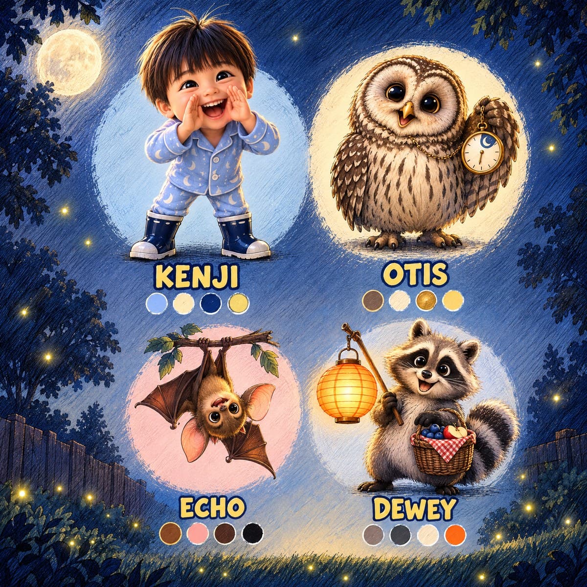 The cast of Your Child's Hoot-Hoot Night Party: Kenji, Otis, Echo, Dewey