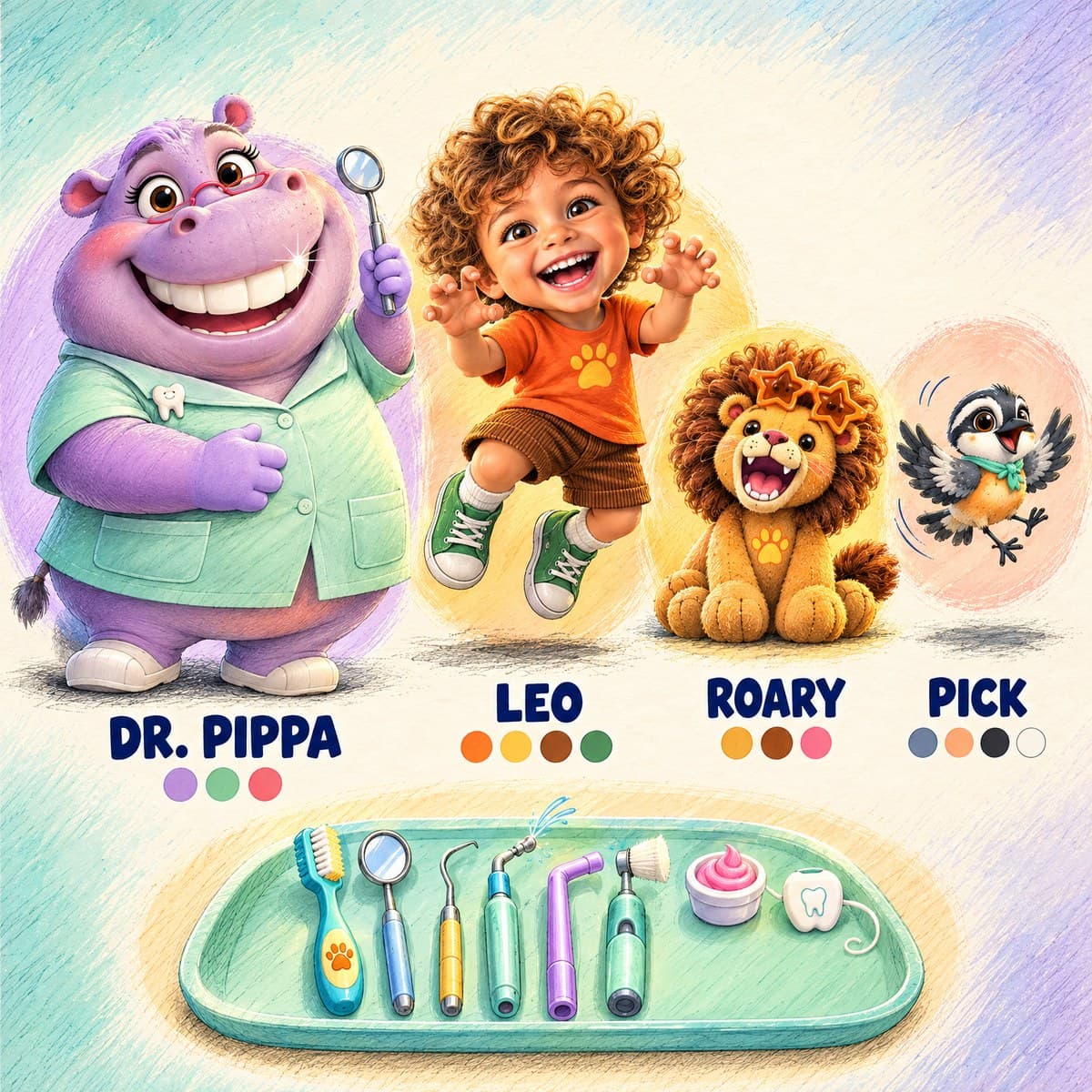 The cast of Your Child's Big Shiny Roar!: Leo, Dr. Pippa, Pick, Roary