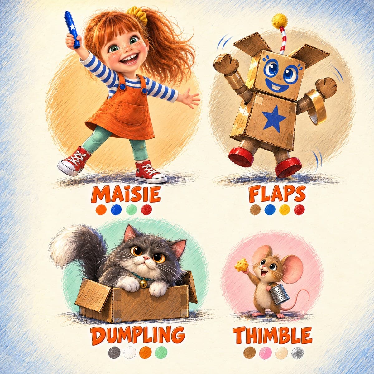 The cast of Your Child's Box-Tastic Moving Day!: Maisie, Flaps, Dumpling, Thimble