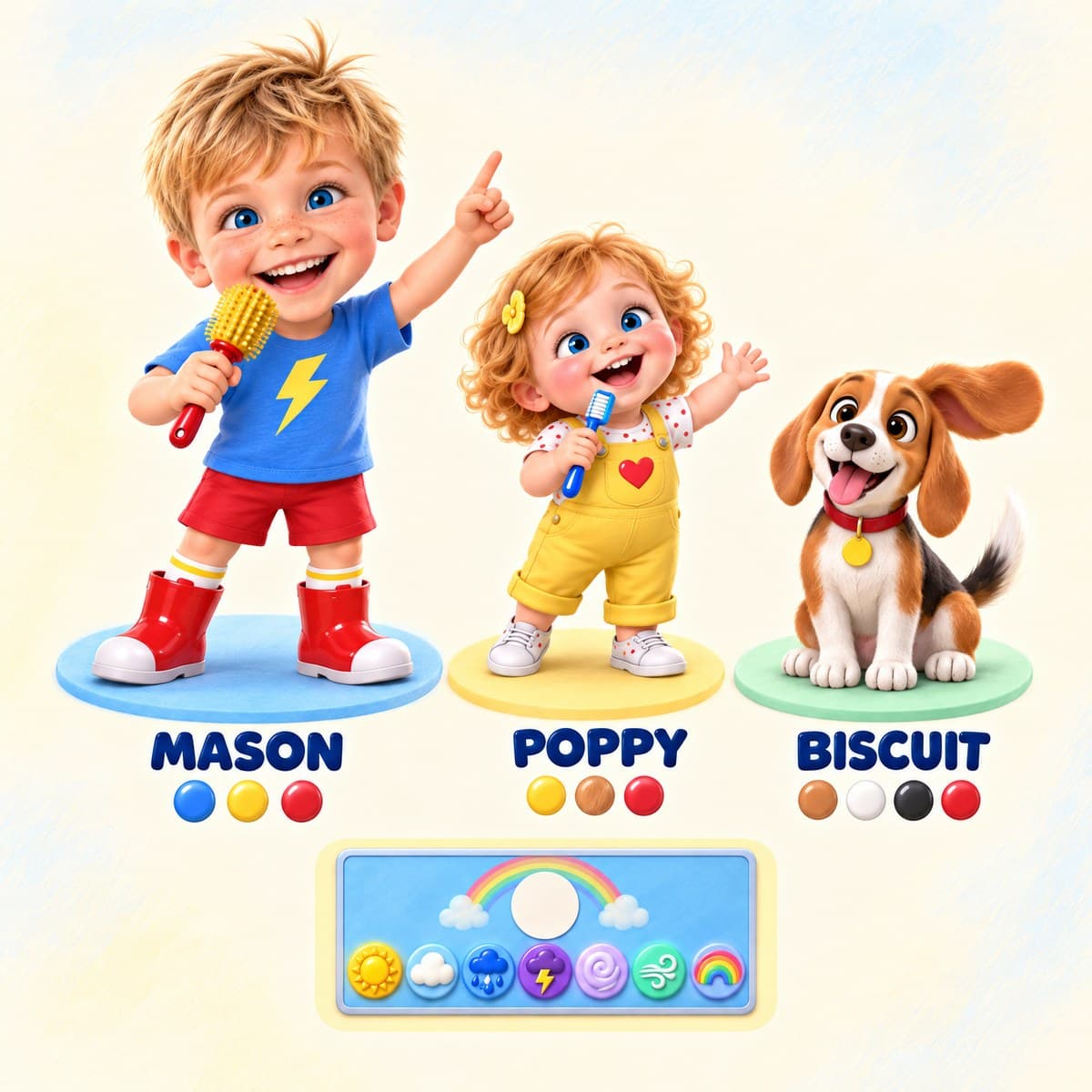 The cast of Your Child's Inside Weather Report: Mason, Poppy, Biscuit