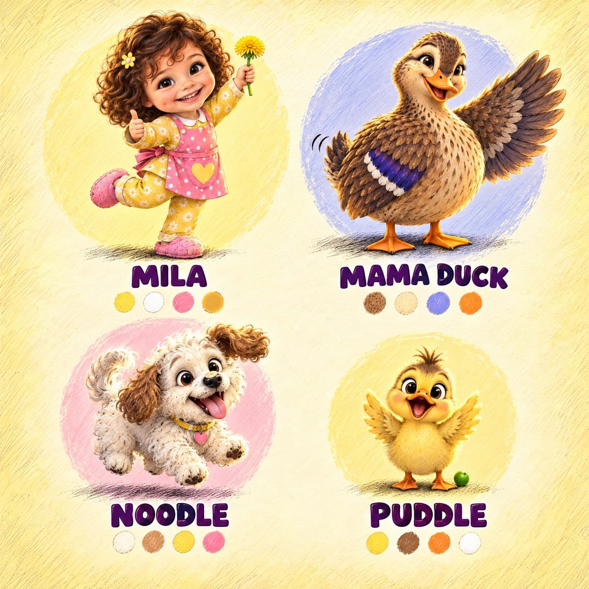 The cast of Your Child and the Quack-Quack Surprise!: Mila, Puddle, Mama Duck, Noodle