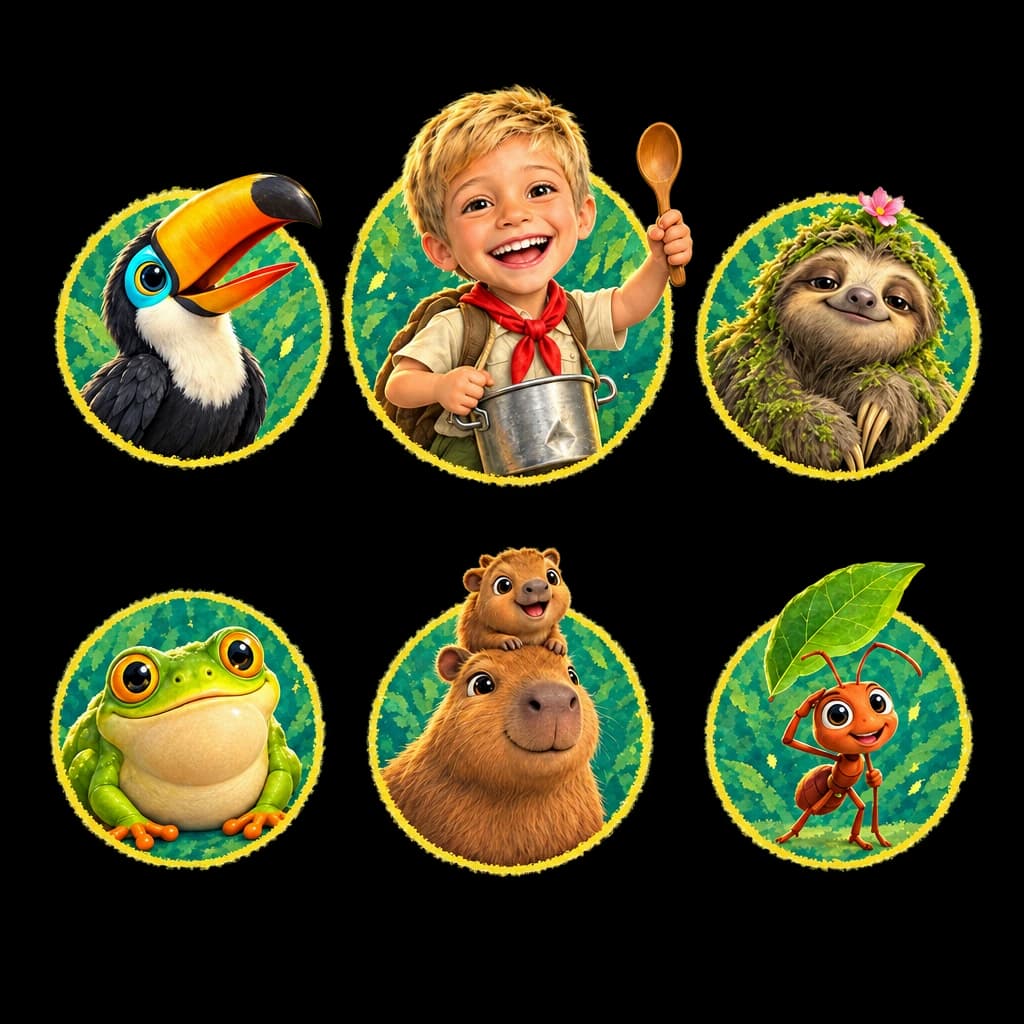 The cast of Your Child and the Rain Song: Noah, Tuko, Moss, Boomer, Anton