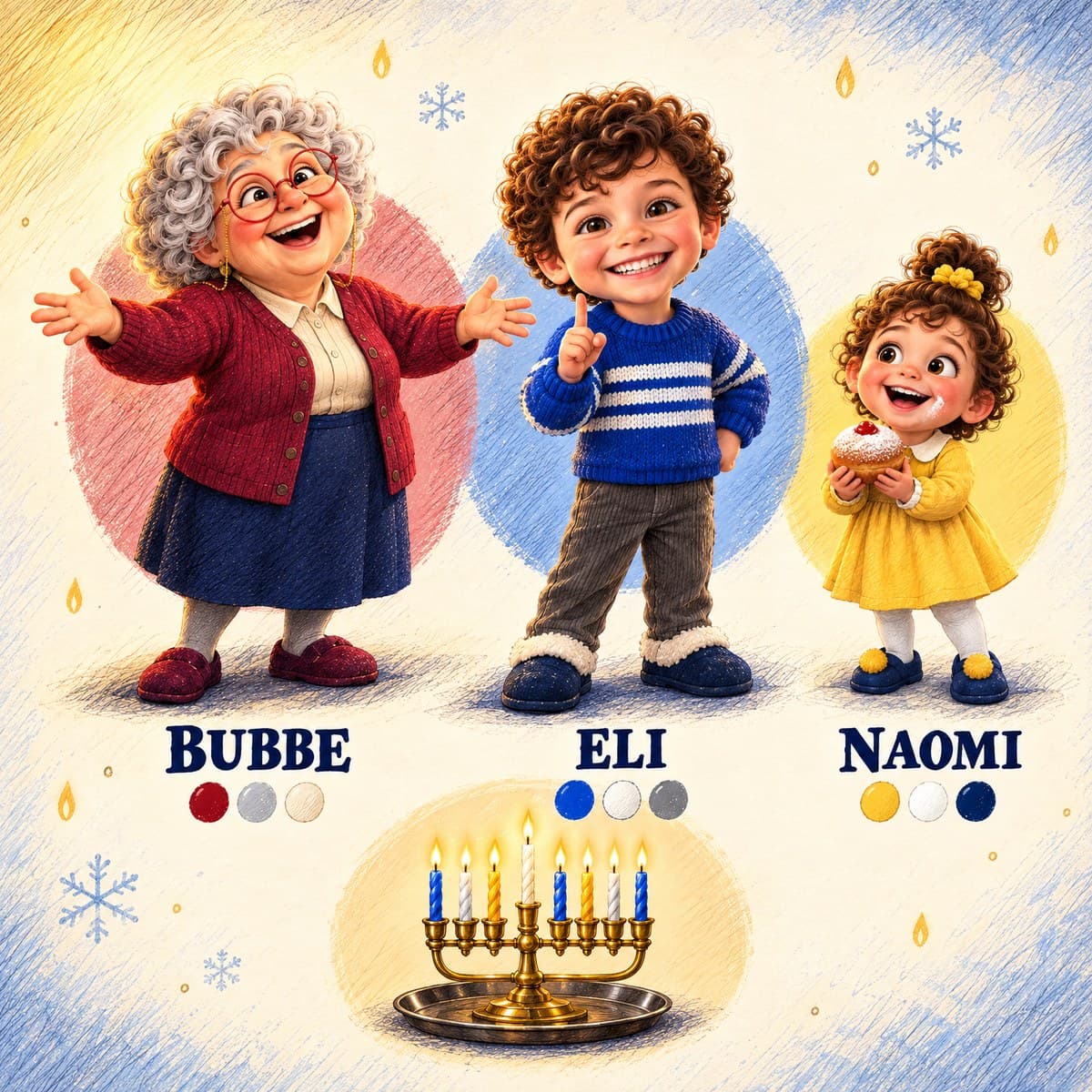 The cast of One More Light, Your Child!: Eli, Bubbe, Naomi