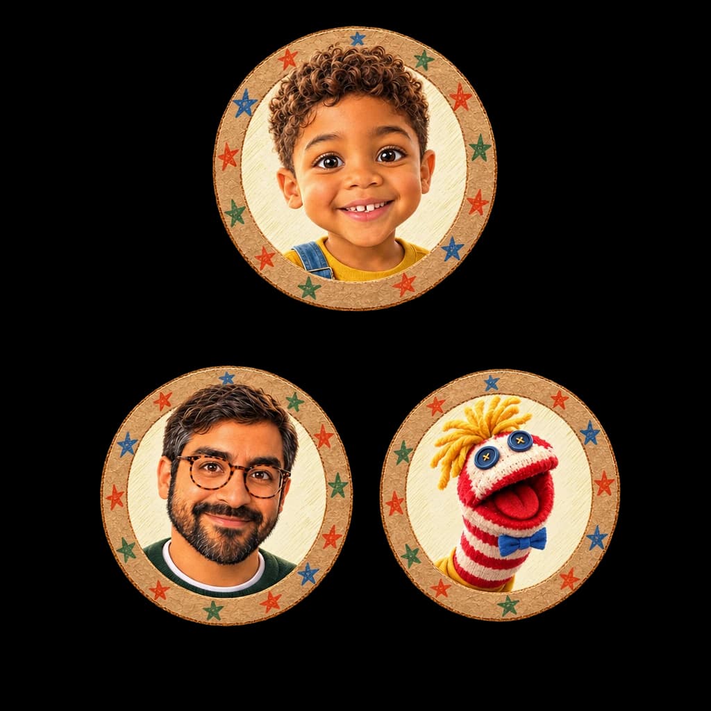 The cast of Your Child and Daddy's Lost Laugh: Owen, Dad, Mister Toes