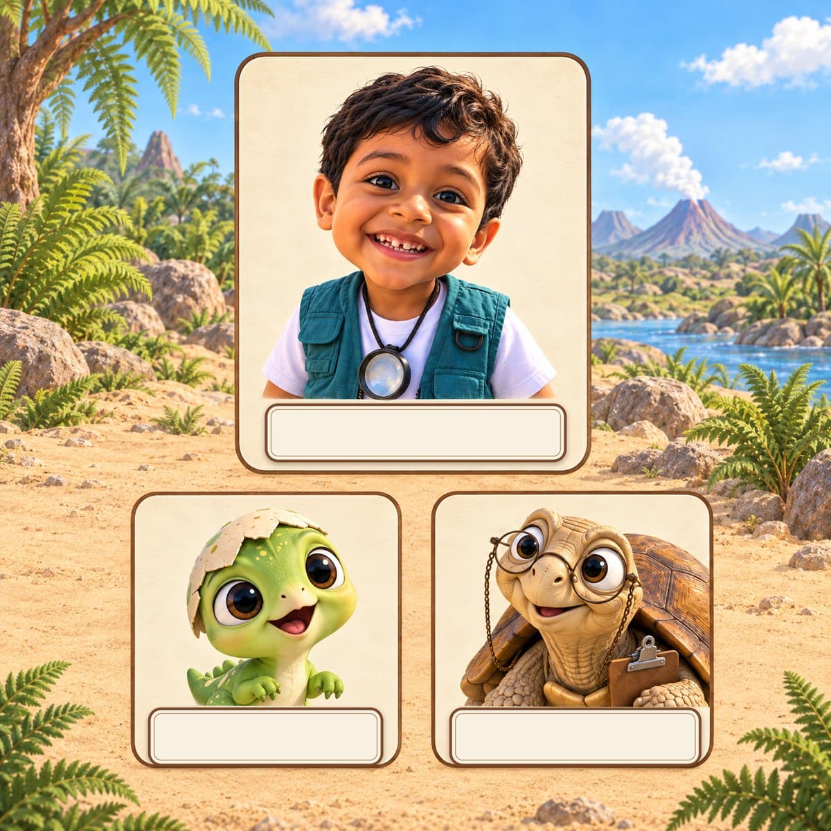 The cast of Your Child and the Dino Egg: Rafi, Blip, Professor Pebble