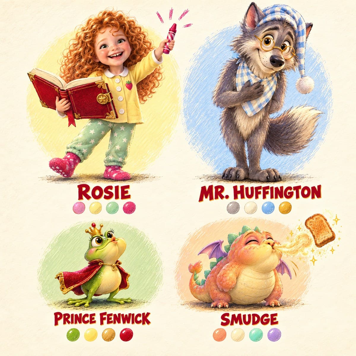 The cast of Your Child's Happily-Ever-Breakfast!: Rosie, Prince Fenwick, Mr. Huffington, Smudge