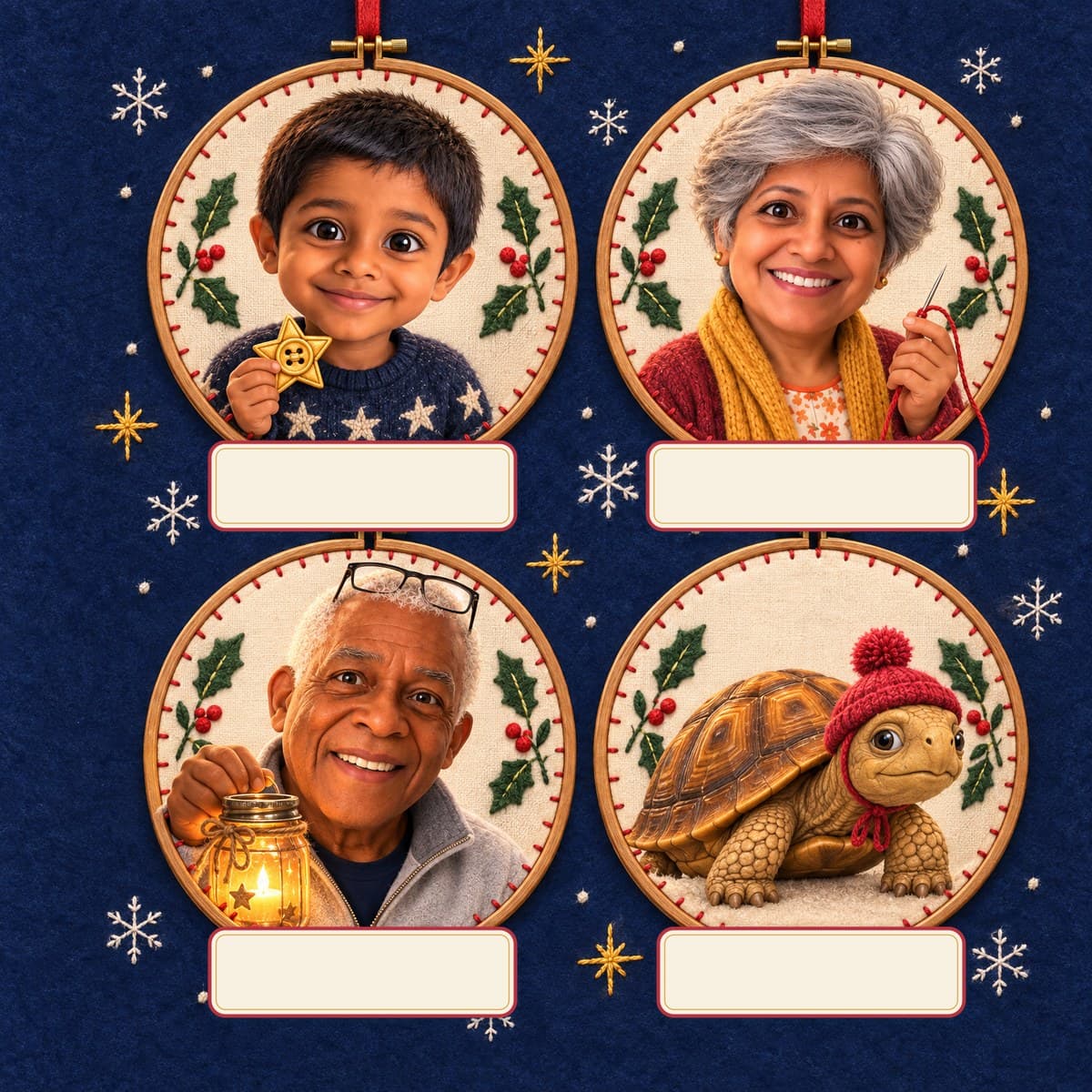 The cast of Your Child and the Christmas They Made: Rowan, Grandma, Grandpa, Turnip