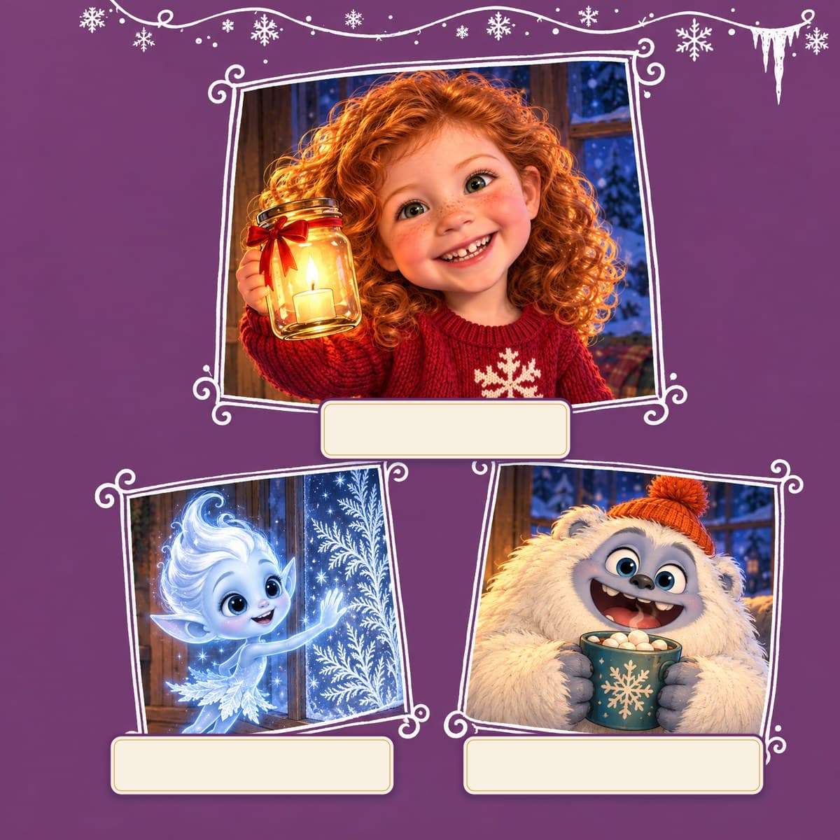The cast of Your Child and the Longest Night: Ruby, Frost, Marshmallow