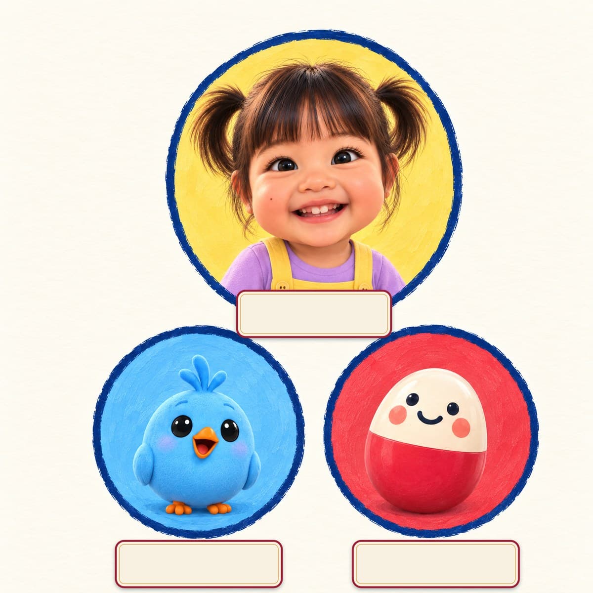 The cast of Your Child and the Wobbly Tower: Sofia, Bop, Roly