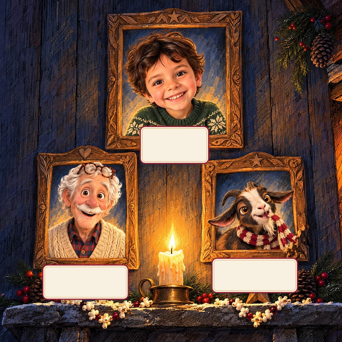 The cast of Your Child and Grandpa's Christmas List: Theo, Grandpa, Parsnip