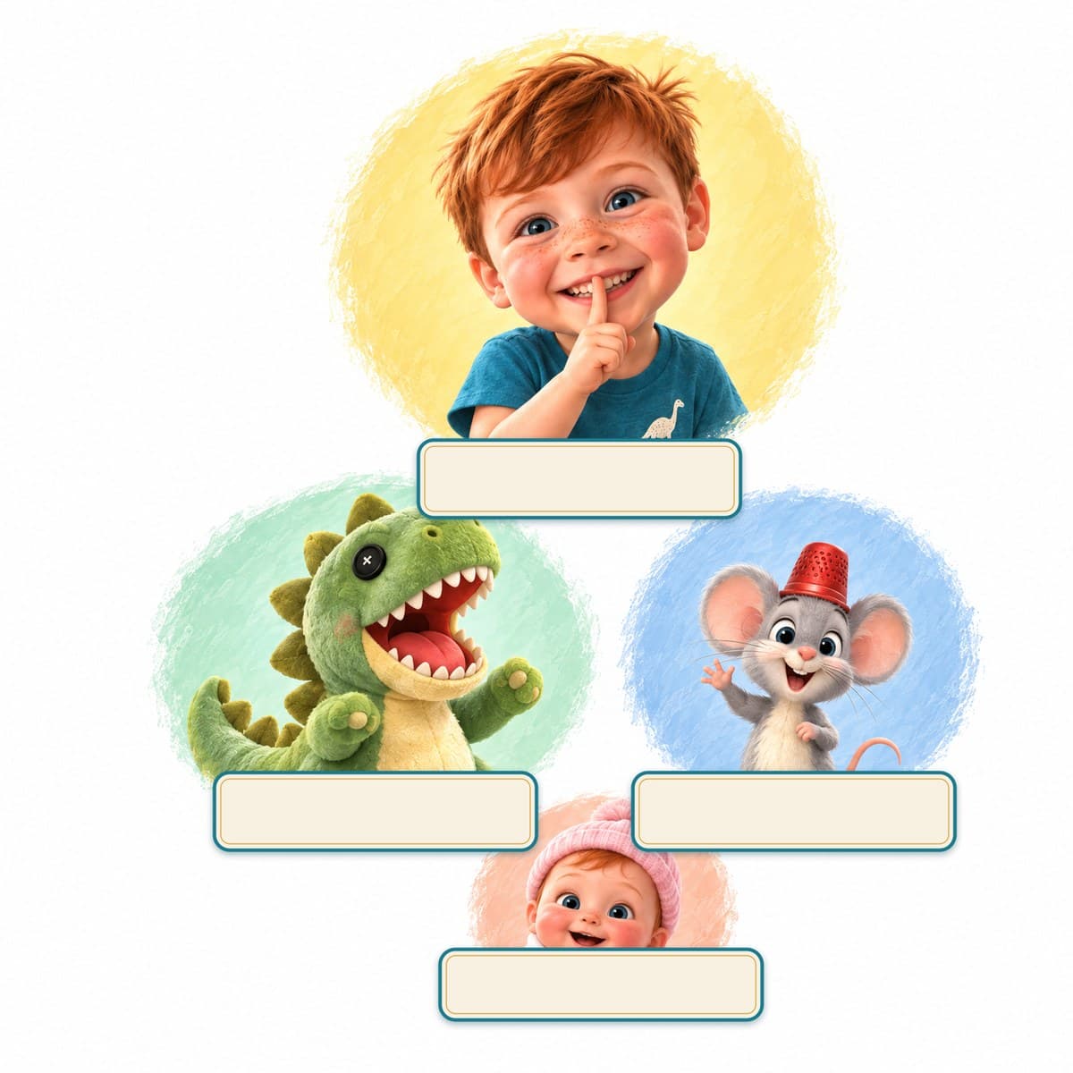 The cast of Your Child and the Two Hellos: Theo, Boom, Nib, Rosie