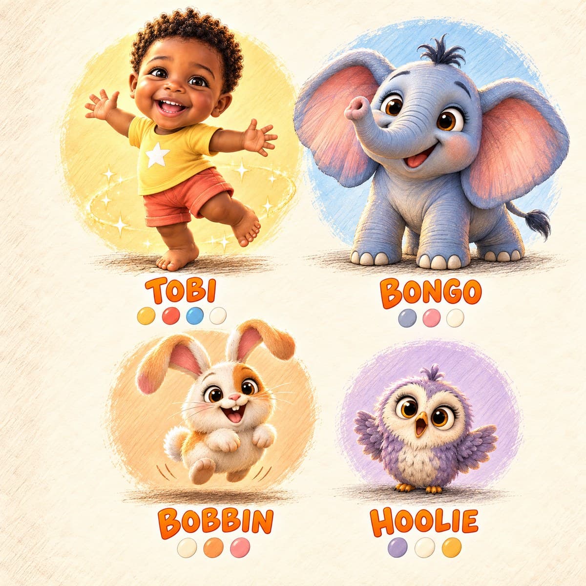The cast of Wiggle, Giggle, Your Child!: Tobi, Bobbin, Bongo, Hoolie