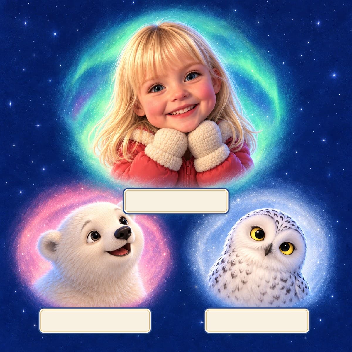 The cast of Your Child and the Bear Who Followed the Lights: Willa, Nook, Echo
