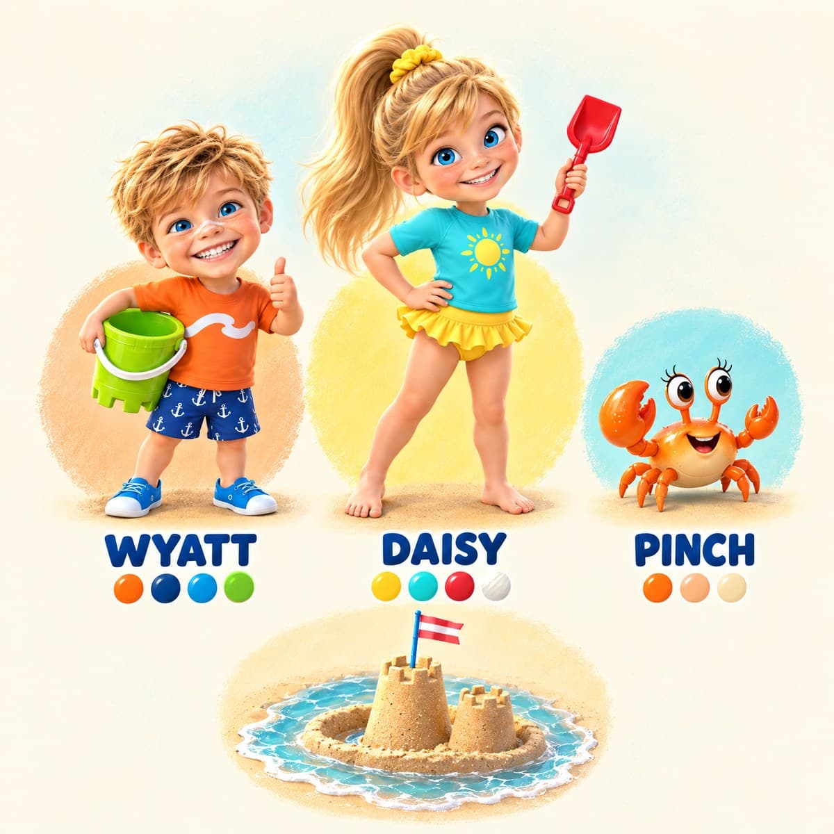 The cast of Your Child and the Sneaky Tide: Wyatt, Daisy, Pinch
