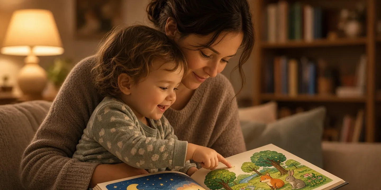 A toddler on a parent's lap pointing excitedly at the open page of a colorful square picture book in warm evening lamplight