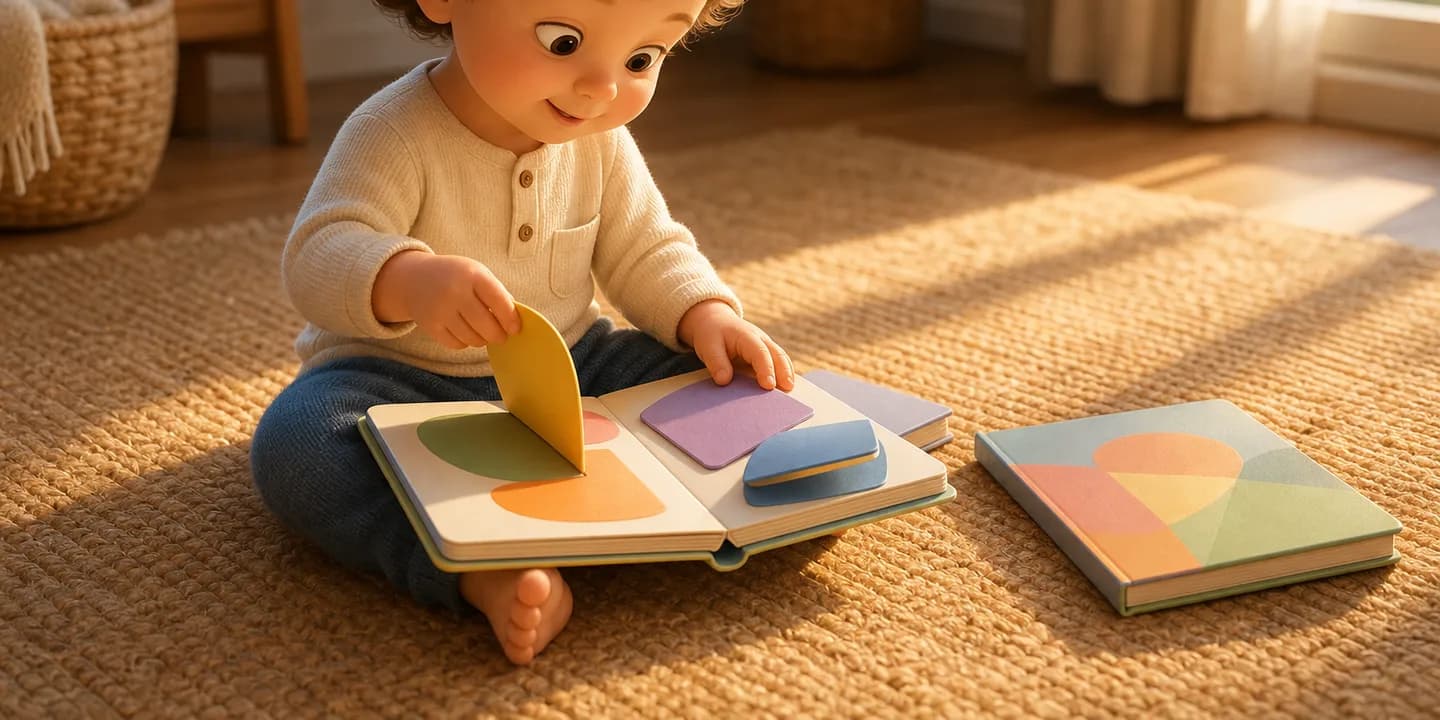 A two-year-old sitting on a carpet lifting the flap of an open board book, with a closed paper picture book lying on the floor beside them