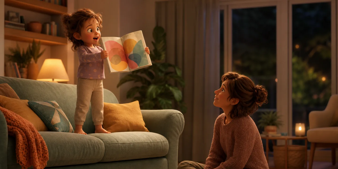 A three-year-old standing on a sofa holding an open picture book up and outwards, reading it aloud to a parent sitting on the floor below