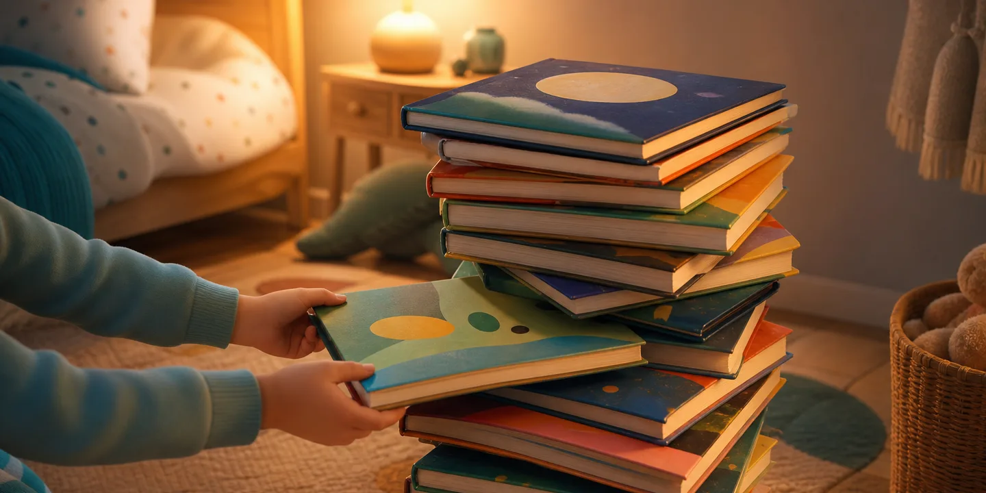 A tall stack of well-worn picture books on a child's bedroom floor in warm lamplight, with a small pair of hands lifting one from the middle