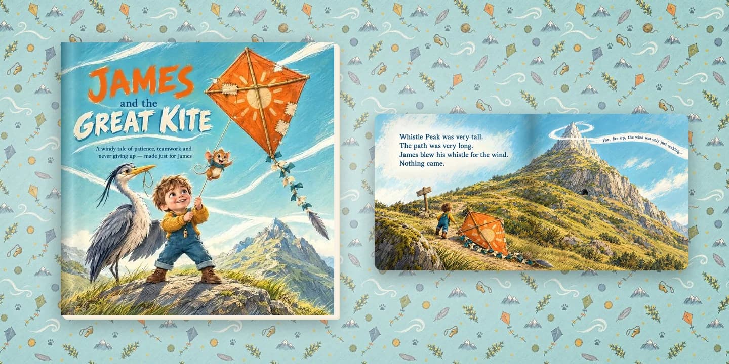 The hardcover of James and the Great Kite beside an open page from inside the book, on the book's own endpaper pattern